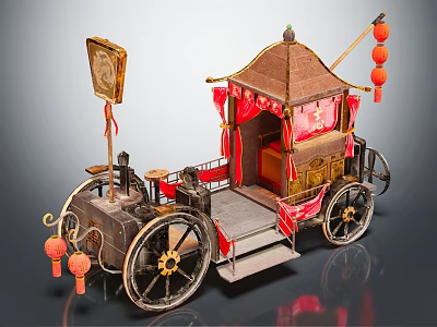 Traditional Chinese Horse-Drawn Carriage with Red Curtains Decorative Lanterns and Wooden Wheels 3d model