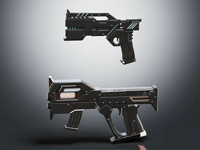 Sci Fi Weapons Pistol And Rifle With Futuristic Design And Glowing Details 3d model