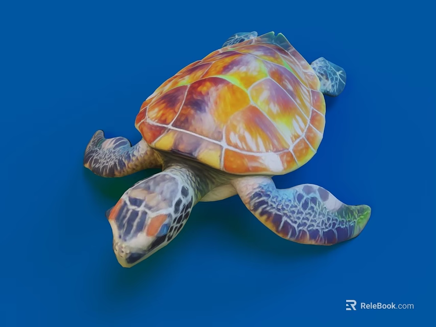 Colorful Sea Turtle with Vibrant Orange Yellow Shell and Patterned Flippers on Blue Background 3d model 