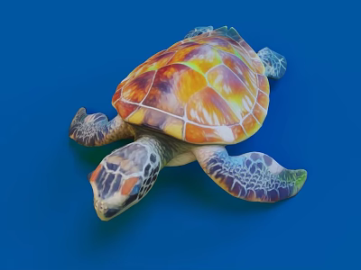 Colorful Sea Turtle with Vibrant Orange Yellow Shell and Patterned Flippers on Blue Background 3d model