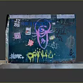 Graffiti Covered Green Cube With Colorful Stickers On Wooden Base