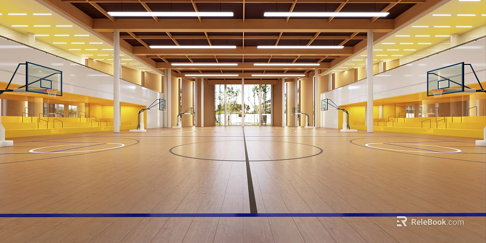 Spacious Basketball Gym Interior With Wooden Floor Hoops And Bright Lighting 3d model 