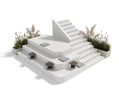 Modern Concrete Stairs Platform With Square Slabs And Green Foliage Plants 3d model