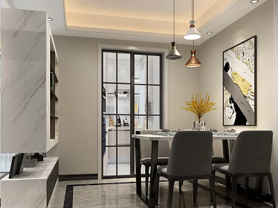 Modern Dining Room Interior With Glass Door Pendant Lights Artwork And Yellow Flowers 3d model