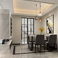 Modern Dining Room Interior With Glass Door Pendant Lights Artwork And Yellow Flowers