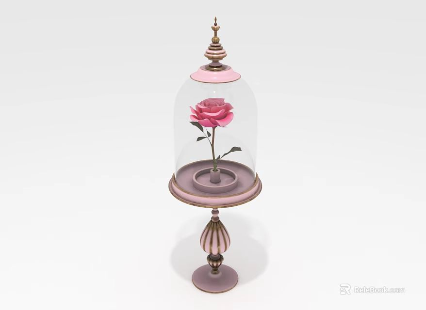 Elegant Glass Dome Display with Pink Rose and Decorative Pedestal Base 3d model 