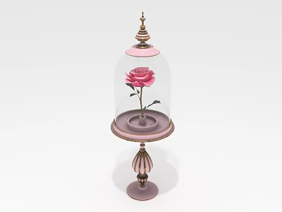 Elegant Glass Dome Display with Pink Rose and Decorative Pedestal Base 3d model