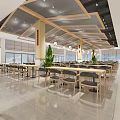 Spacious Cafeteria Interior With Tables Chairs Large Windows And Ceiling Design 3d model