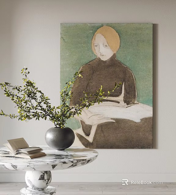 Portrait Painting of Blonde Woman with Green Background and Vase on Marble Table Near Books 3d model 