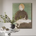 Portrait Painting of Blonde Woman with Green Background and Vase on Marble Table Near Books