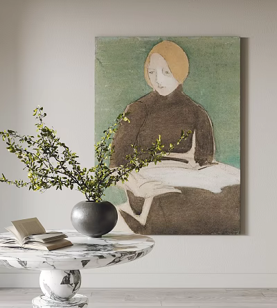 Portrait Painting of Blonde Woman with Green Background and Vase on Marble Table Near Books 3d model