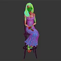Blonde Haired Female Character Wearing Blue Floral Dress Seated On Black Chair Against Gray Background