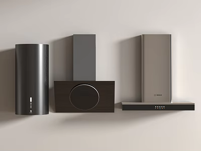 Three Modern Wall Mounted Kitchen Appliances With Black Dark Brown And Silver Range Hoods 3d model