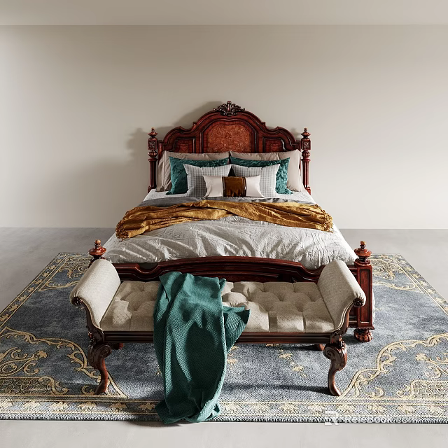 Classic Double Bed With Carved Wooden Headboard Multiple Pillows Throw Blanket Bench And Patterned Rug 3d model 