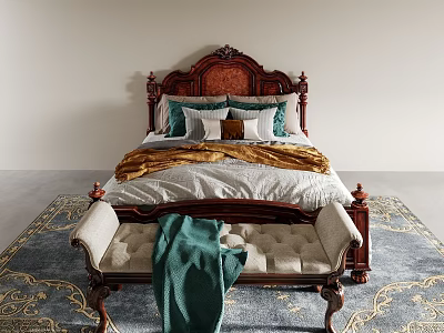 Classic Double Bed With Carved Wooden Headboard Multiple Pillows Throw Blanket Bench And Patterned Rug 3d model