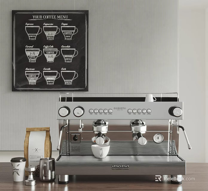 Modern Kitchen Appliance Stainless Steel Coffee Machine With Double Spouts Cups Beans And Striped Wall 3d model 