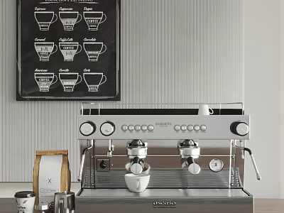 Modern Kitchen Appliance Stainless Steel Coffee Machine With Double Spouts Cups Beans And Striped Wall 3d model