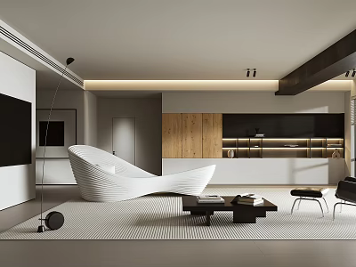 Modern Living Room Interior With Curved White Sofa Black Coffee Table And Wooden Accent Wall 3d model