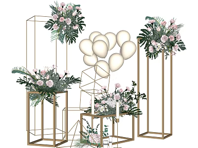 Elegant Floral Decorations on Golden Geometric Stands with White Balloons and Green Foliage 3d model