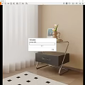 Modern Bedroom Nightstand with Metal Frame and Black Drawer holding Vase Cup and Book