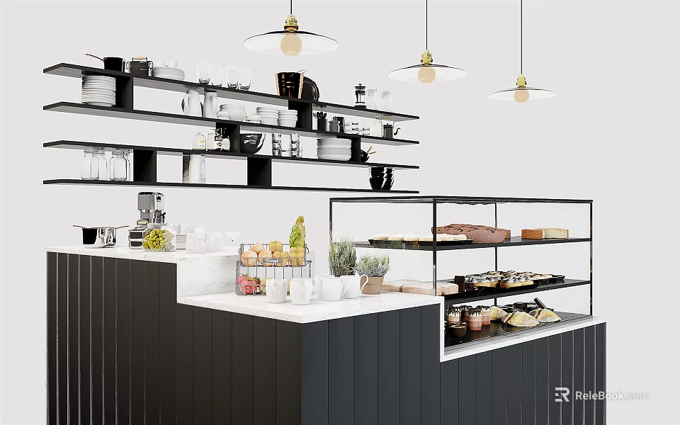 Modern Kitchen Interior Featuring Functional Island With Storage Shelves Dishes And Appliances 3d model 