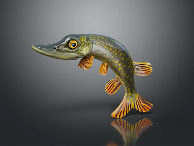 Pike Fish Figurine Displaying Green Body Yellow Spots Orange Fins on Dark Background with Reflection 3d model