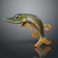 Pike Fish Figurine Displaying Green Body Yellow Spots Orange Fins on Dark Background with Reflection