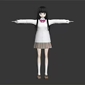Anime Character With Black Hair White Sweater Pink Bow Plaid Skirt White Stockings Arms Outstretched