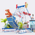Vibrant Pirate Ship Amusement Ride with Red Sign Palm Trees and Lighthouse Decor