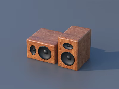 Two Wooden Cube Shaped Speakers With Black Speaker Drivers For Home Audio Design 3d model