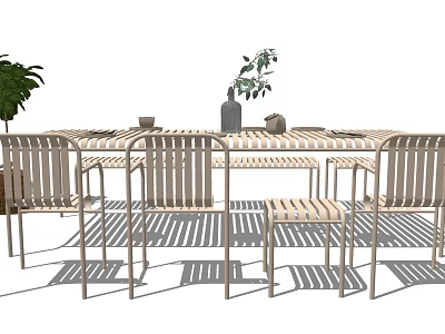 Simple Outdoor Table Chair Set With Green Plants Vase And Sunlight Shadows 3d model