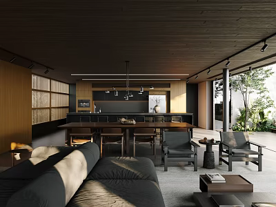 Modern Open Concept Living Dining Room With Wooden Ceiling Dark Sofa And Pendant Lights 3d model