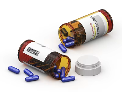 Medical Devices Featuring Brown Medicine Bottles With Labels Spilled Blue Capsules And White Caps 3d model