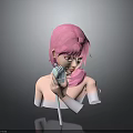 Pink Haired Female Character Holding Microphone Against Gray Background With Small Dots