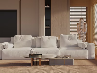 Modern Three Seater Sofa Living Room Interior With Plush Cushions And Glass Coffee Table 3d model