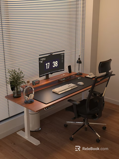 Entertainment Room Interior With Modern Desk Computer Keyboard Headphones Lamp And Potted Plant 3d model 