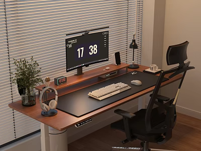 Entertainment Room Interior With Modern Desk Computer Keyboard Headphones Lamp And Potted Plant 3d model