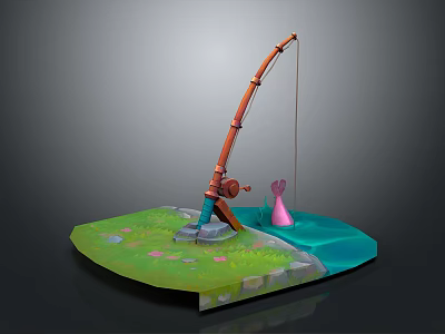 Colorful Fishing Rod Setup On Grassy Base With Blue Water Area And Pink Fish 3d model