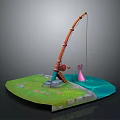 Colorful Fishing Rod Setup On Grassy Base With Blue Water Area And Pink Fish
