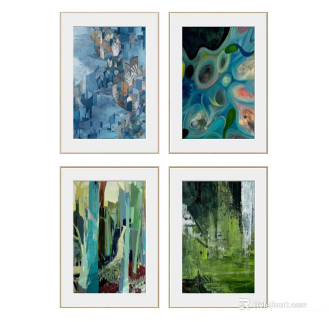 Modern Abstract Paintings With Colorful Blue Green Patterns And Textures For Contemporary Wall Art 3d model 