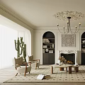 Elegant Living Room Interior With Ornate Chandelier Fireplace Beige Sofa And Patterned Rug