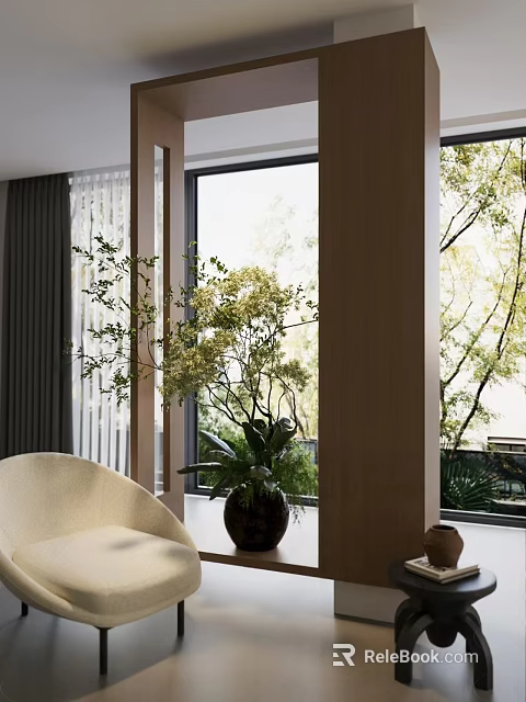 Indoor Potted Plant With White Flowers In Black Vase Near Beige Sofa And Large Window 3d model 