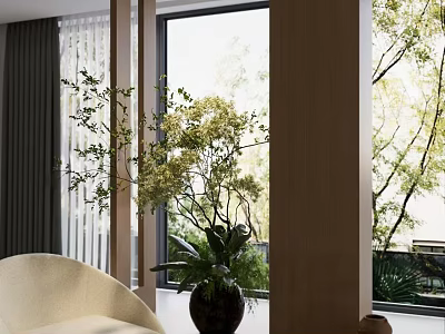 Indoor Potted Plant With White Flowers In Black Vase Near Beige Sofa And Large Window 3d model