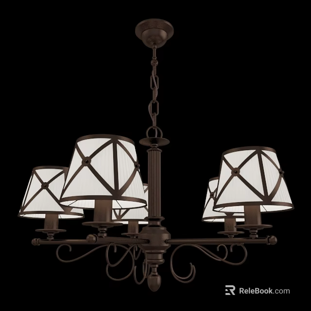 Vintage Style Chandelier With Dark Metal Frame Chain Hanging And White Geometric Lampshades 3d model 
