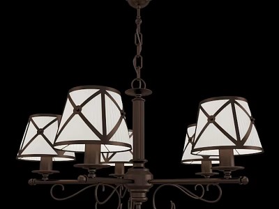 Vintage Style Chandelier With Dark Metal Frame Chain Hanging And White Geometric Lampshades 3d model