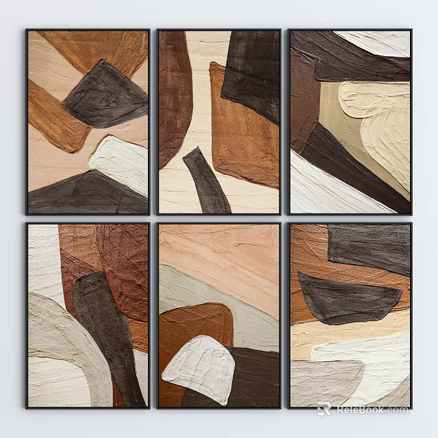 Modern Abstract Geometric Paintings With Brown Beige White Textured Wall Art Decor 3d model 