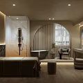 Modern Beauty Salon Interior With Curved Walls Ceilings Circular Skylights White Shutters And Beige Tones