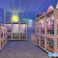 Indoor Playground With Neon Lights Claw Machines Yellow Seats And Cartoon Dolls