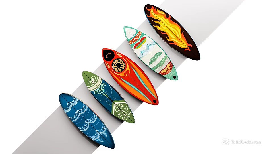 Colorful Surfboards With Flame Wave And Floral Patterns As Photo Spot 3d model 