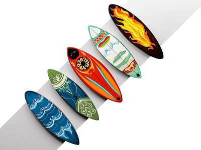 Colorful Surfboards With Flame Wave And Floral Patterns As Photo Spot 3d model